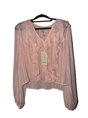 Joie Blush Pink Ruffle V-Neck Sheer Blouse